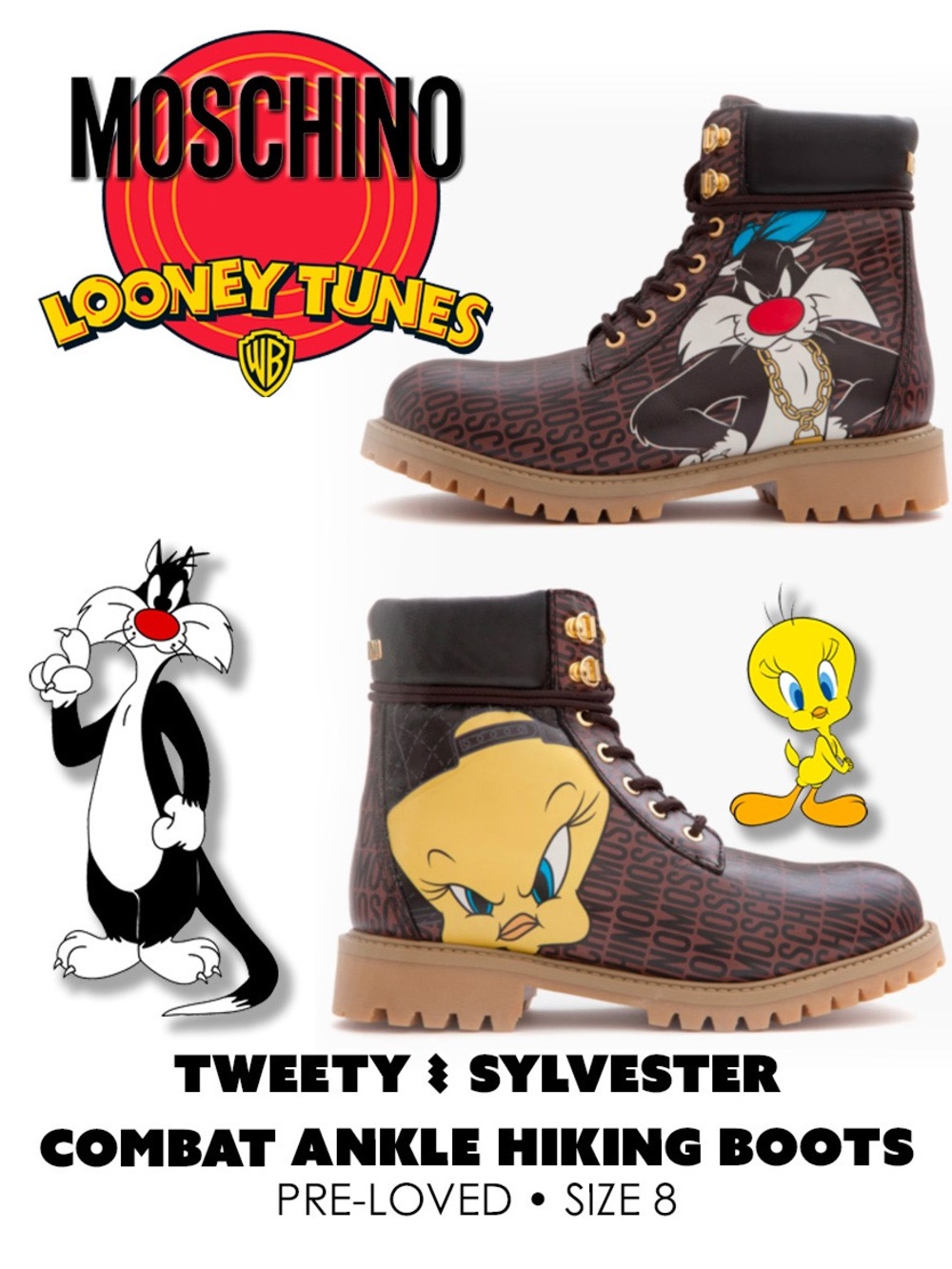 Moschino Looney Tunes Combat Ankle Hiking Boots Collectors Edition